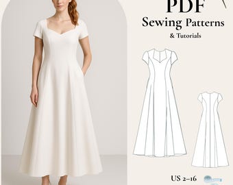 Sweetheart Neckline Dress Sewing Pattern, Fit and Flare Midi, US Size 2-16 (PDF Download