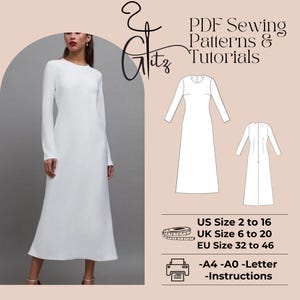 May include: A white midi dress sewing pattern with instructions. The pattern includes sizes UK 6 to 20, US 2 to 16, and EU 32 to 46. The pattern is available in A4, A0, and Letter sizes.