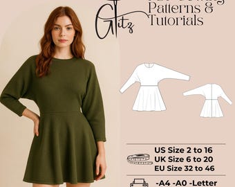 Kimono Sleeve Mini Dress Sewing Pattern PDF, Loose Fit Dress Pattern, Easy Sewing Pattern, Summer Dress Pattern, Women Dress