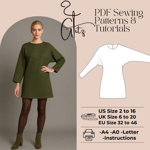 Pode incluir: Um vestido verde-oliva com mangas compridas e decote redondo. A imagem inclui um desenho linear do vestido e o texto « PDF Sewing Patterns & Tutorials ». As informações de tamanho também estão incluídas, variando do tamanho EU 32 ao 46.