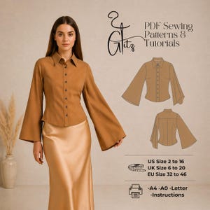 May include: A woman wearing a tan button-down shirt with flared sleeves and a gold satin skirt. The image includes a diagram of the shirt, the text "PDF Sewing Patterns & Tutorials", and size charts for US, UK, and EU sizes.