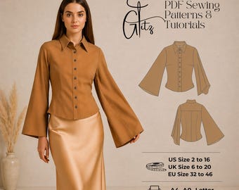 Flared Long Sleeve Button-Down Shirt Sewing Pattern (A0-A4, US 2-30) (PDF Pattern)