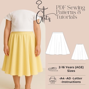 Könnte beinhalten: Ein Kind trägt ein weißes Oberteil und einen gelben Rock. Das Bild zeigt ein Schnittmuster für einen Rock mit dem Text "PDF Sewing Patterns & Tutorials" und Größenangaben für Kinder im Alter von 2-16 Jahren.