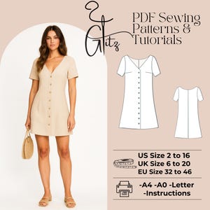 Könnte beinhalten: Eine Frau trägt ein beigefarbenes, geknöpftes Kleid mit kurzen Ärmeln und V-Ausschnitt. Das Bild enthält eine Schnittmusterzeichnung und den Text "PDF Sewing Patterns & Tutorials". Das Kleid wird mit beigen Sandalen und einer Strohhandtasche kombiniert.