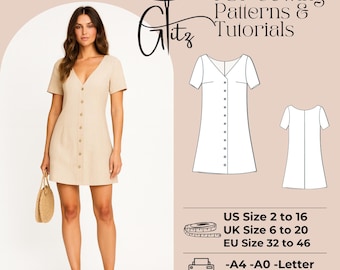 Linen V-Neck Buttoned Summer Dress Sewing Pattern (PDF)
