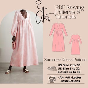 Puede incluir: Un patrón de costura para vestido de verano rosa con instrucciones para las tallas US 2 a 30, UK 6 a 32 y EU 32 a 60. El patrón está disponible en tamaños A4, A0 y Letter. PDF Sewing Patterns & Tutorials.