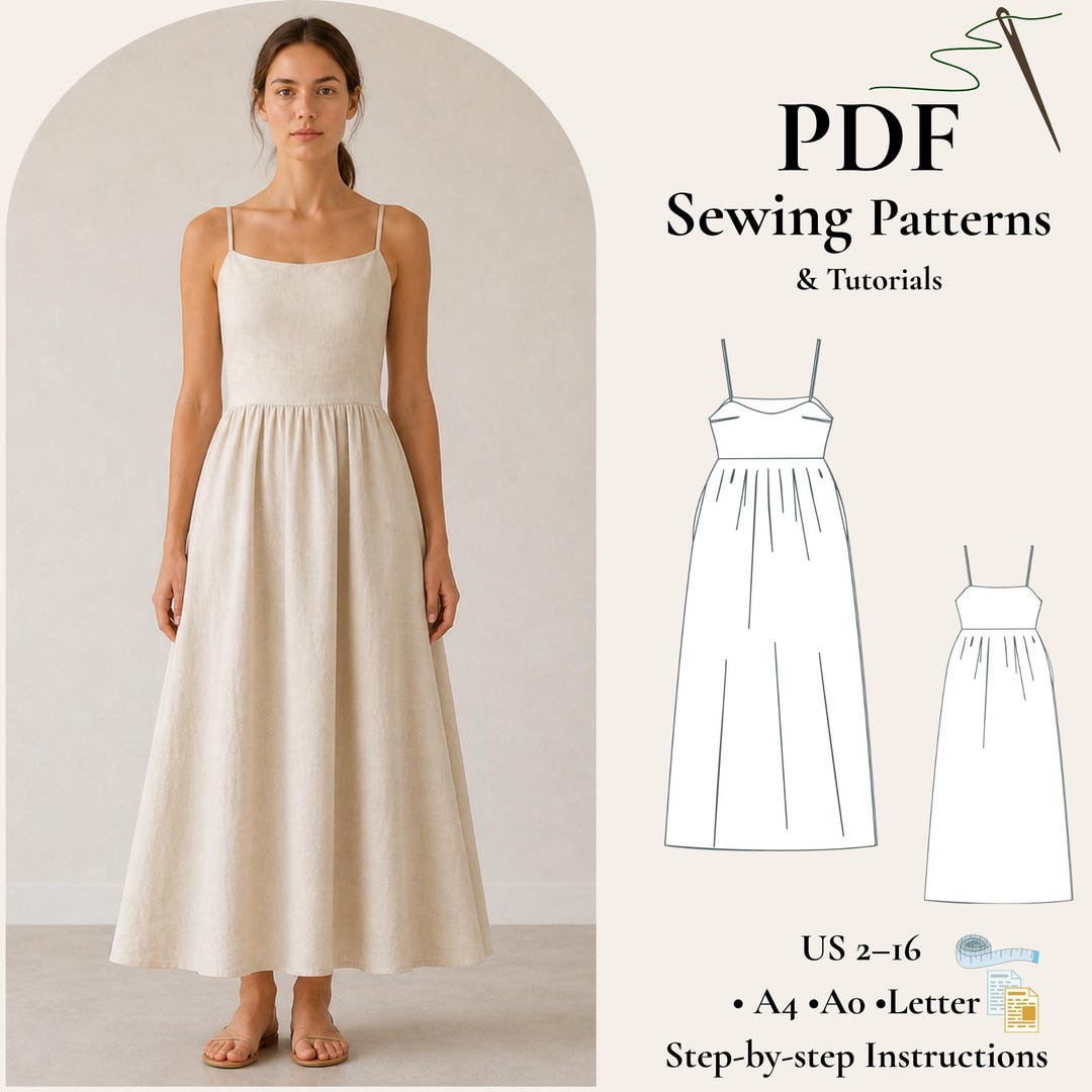 Linen Summer Maxi Dress Sewing Pattern | Strappy Dress PDF | High Waist Gathered Dress | Tea Length Dress Pattern | Minimal Linen Dress - Etsy Linen Summer Maxi Dress Sewing Pattern | Strappy Dress PDF | High Waist Gathered Dress | Tea Length Dress Pattern | Minimal Linen Dress - Etsy