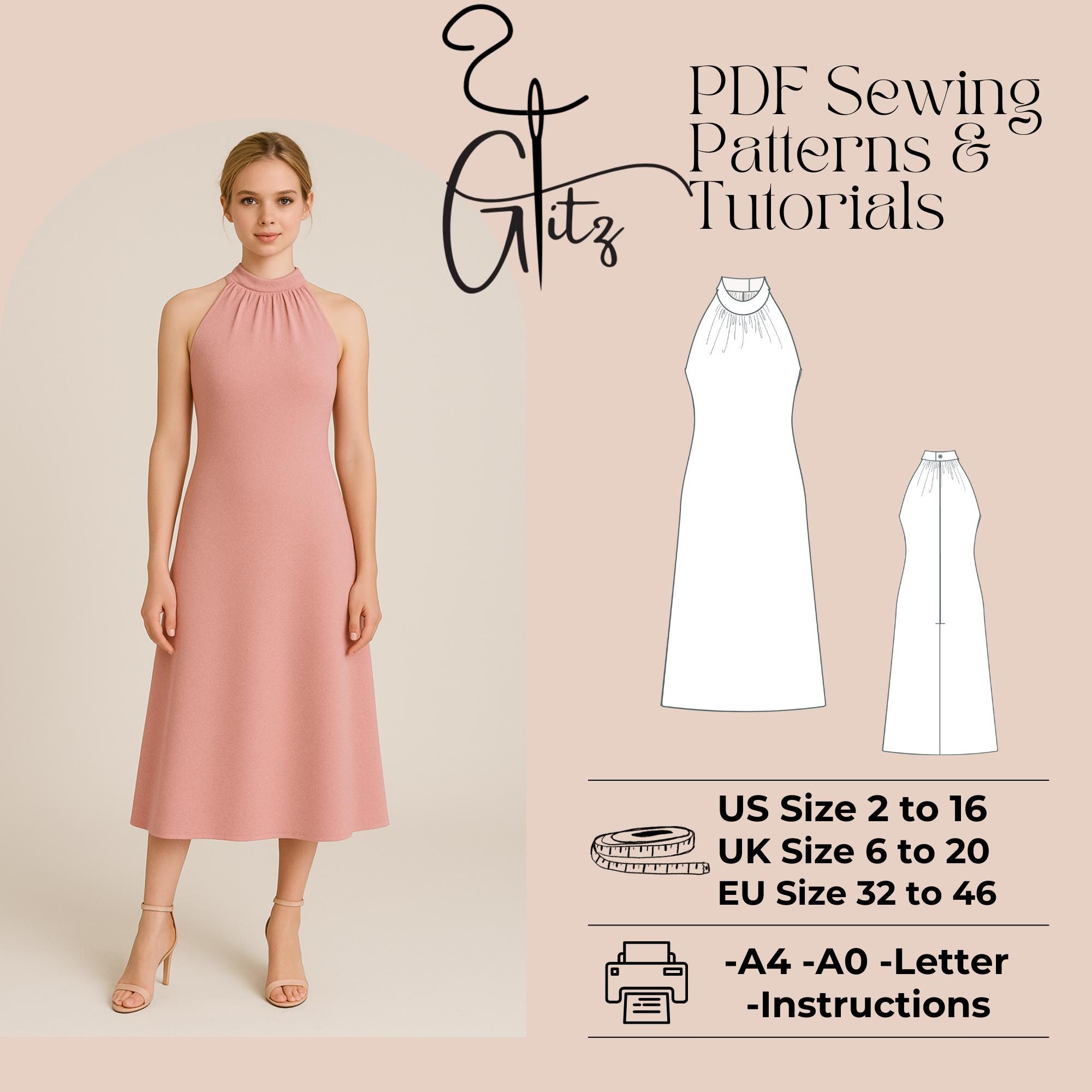 Halter Neck A-line Dress Sewing Pattern (PDF) - Etsy Halter Neck A-line Dress Sewing Pattern (PDF) - Etsy