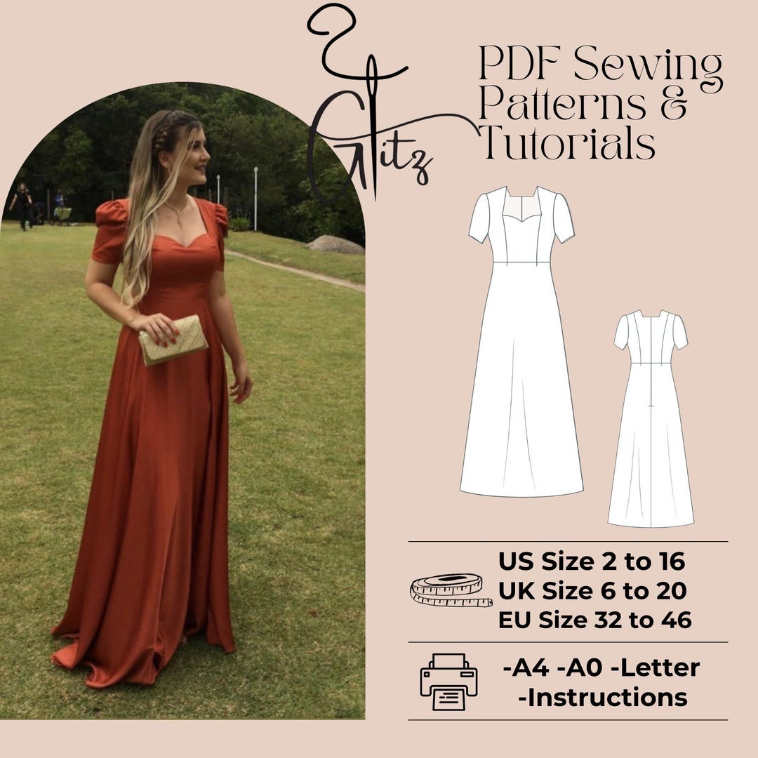 Long Dress Sewing Pattern, Evening Gown, Cocktail, Bridal (PDF Pattern ...