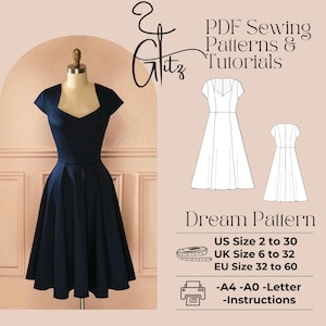 Könnte beinhalten: Ein digitales Schnittmuster für ein marineblaues Kleid mit Herz-Ausschnitt und kurzen Ärmeln. Das Schnittmuster enthält Anleitungen und ist in den Größen US 2 bis 30, UK 6 bis 32 und EU 32 bis 60 erhältlich. Das Schnittmuster kann auf Papier im Format A4, A0 oder Letter gedruckt werden.
