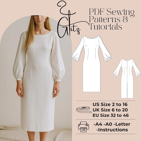 long sleeve pencil dress pattern Midi Linen Pencil Dress Sewing Pattern, Puff Sleeve (PDF Pattern)