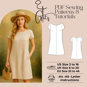 May include: A woman wearing a beige linen dress with a boat neckline and short sleeves, holding a straw handbag. The image includes a line drawing of the dress and text: "PDF Sewing Patterns & Tutorials." Sizes range from US 2 to 16.