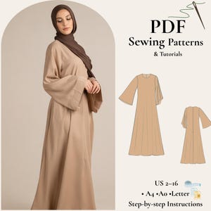 May include: A woman in a tan dress with wide sleeves and a matching headscarf. The image features a PDF sewing pattern with dress illustrations, and the text "PDF Sewing Patterns & Tutorials". The pattern is sized US 2-16.