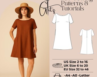 Linen Mini Dress Sewing Pattern, Boat Neck Boho Style (PDF Pattern)