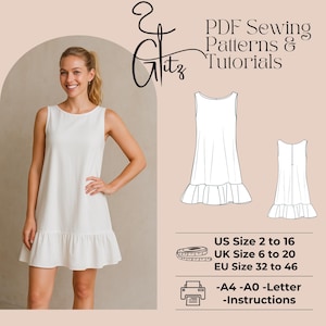 Pode incluir: Um padrão de costura digital para um vestido sem mangas com uma bainha com babados. O padrão inclui instruções e está disponível nos tamanhos EU 32 a 46, UK 6 a 20 e US 2 a 16. O padrão pode ser impresso em papel tamanho A4, A0 ou Letter.