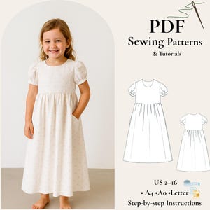 Op de afbeelding: Een jong meisje draagt een witte jurk met roze hartpatronen en pofmouwen. De jurk heeft zakken en een lange rok. De afbeelding bevat ook een PDF-naaipatroon met diagrammen en de tekst "PDF Sewing Patterns & Tutorials".
