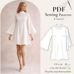 Könnte beinhalten: Eine Frau trägt ein weißes Kleid mit hohem Ausschnitt und ausgestellten Ärmeln. Das Bild enthält eine Schnittmusterzeichnung und den Text "PDF Sewing Patterns & Tutorials". Das Kleid wird mit weißen Absätzen kombiniert.