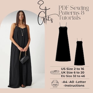 Patrón de costura en PDF para vestido largo holgado, patrón de vestido minimalista de lino, vestido de tirantes finos, vestido fluido en PDF, vestido de verano, tallas estadounidenses 2-16