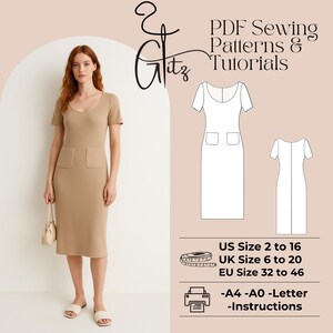 May include: A woman wearing a tan, short-sleeved dress with two front pockets. The image includes a sewing pattern diagram and text that reads "PDF Sewing Patterns & Tutorials" and size information for US, UK, and EU sizes.