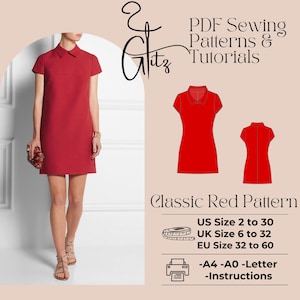 Könnte beinhalten: Ein Schnittmuster für ein klassisches rotes Kleid mit Kragen und kurzen Ärmeln. Das Schnittmuster enthält Anweisungen und ist in den Größen US 2 bis 30, UK 6 bis 32 und EU 32 bis 60 erhältlich. Das Schnittmuster kann in den Formaten A4, A0 oder Letter gedruckt werden.