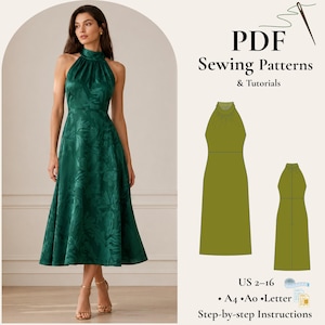 May include: A green halter dress with a floral pattern is shown on a woman. The image also displays a PDF sewing pattern with two dress illustrations and the text "PDF Sewing Patterns & Tutorials". The pattern includes sizes US 2-16.