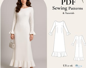Long Sleeve Maxi Dress Sewing Pattern PDF, Ruffle Hem Dress Pattern, Elegant Modest Dress, A-Line Dress with Flounce XS-5XL