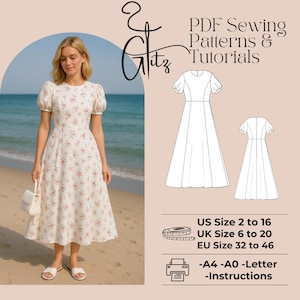 Flora Puff Sleeve Midi Dress Sewing Pattern Fairy Cottagecore Dress Sewing Pattern A0-A4-US Letter Digital PDF Sewing Pattern
