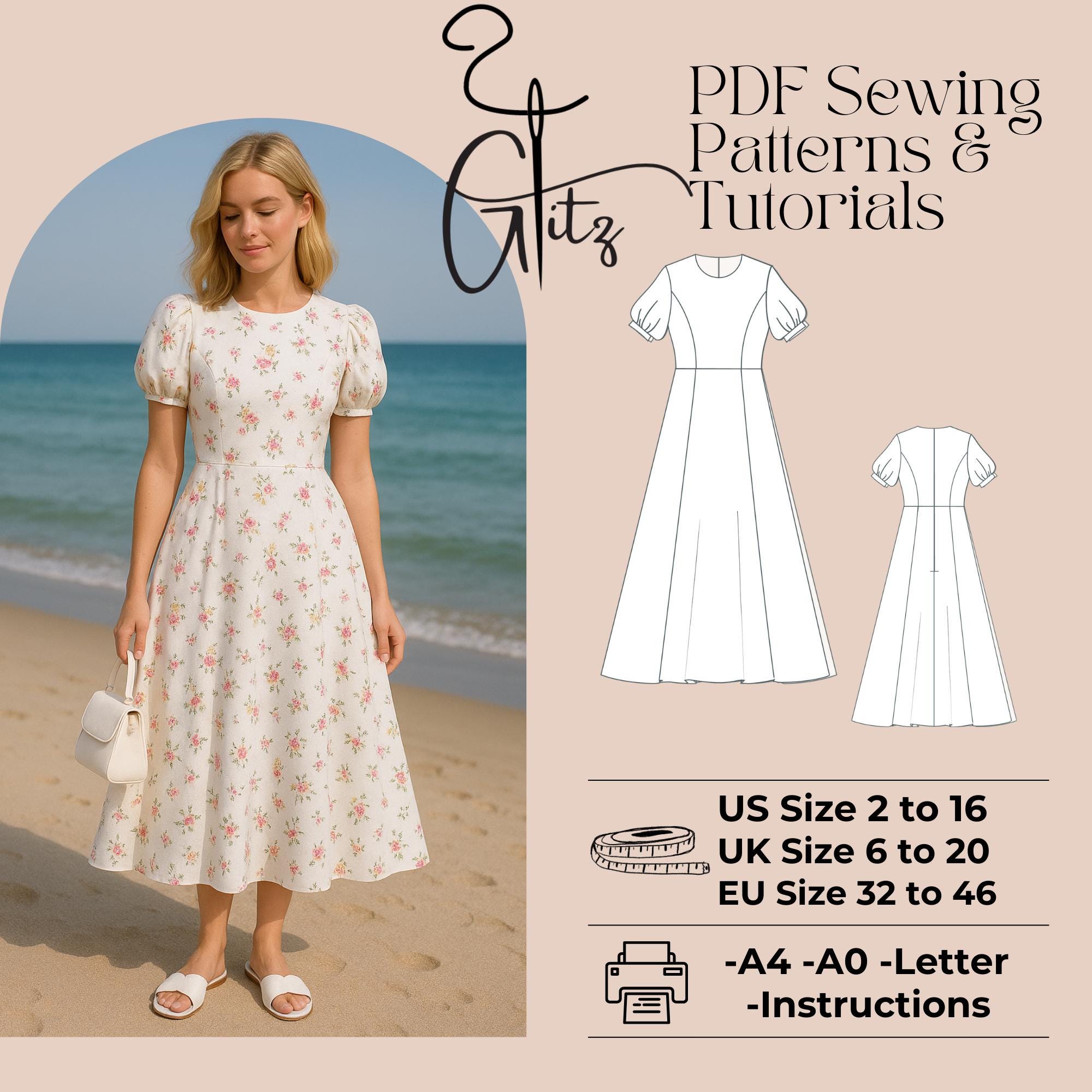 ★YOUHEE★FLOWER PATTERN PUFF DRESS Flora Puff Sleeve Midi Dress Sewing Pattern Fairy
