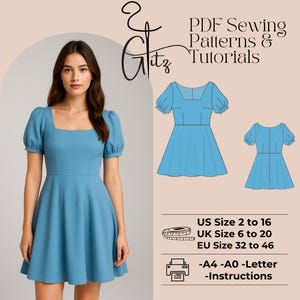 Patrón de costura del minivestido Selkie con mangas abullonadas de color azul