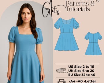 Patrón de costura para minivestido Selkie azul con mangas abullonadas