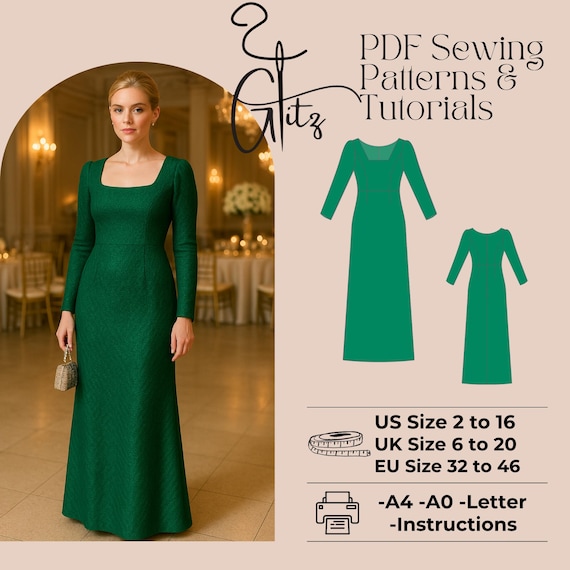 Elegant A-line Evening Dress Sewing Pattern, Square Neck (PDF Pattern) -  Etsy