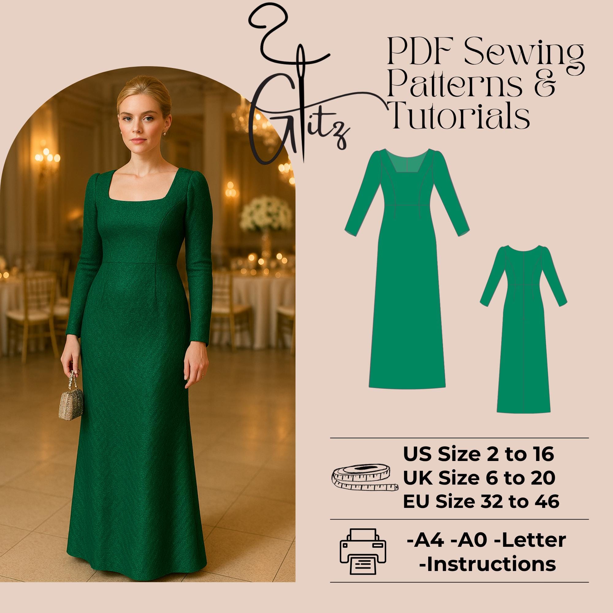 Elegant A-line Evening Dress Sewing Pattern, Square Neck (PDF Pattern) -  Etsy