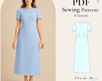 Midi Dress Sewing Pattern PDF, Elegant A Line Dress Pattern, Short Sleeve Dress, Wedding Guest Dress, Women Dress, US 2-30