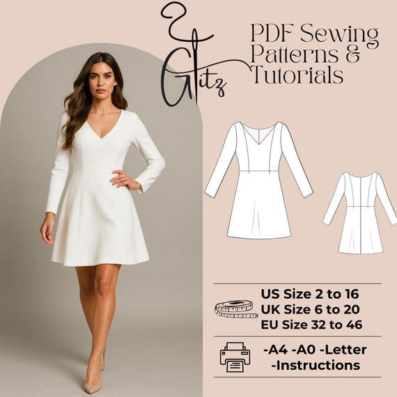 Long Sleeve Mini Dress Sewing Pattern, V Neck Bridal (PDF Pattern) US 2-30  / EU 32-60 - Etsy