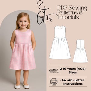Puede incluir: Una niña con un vestido rosa y blanco a cuadros. La imagen incluye una ilustración de patrón de costura y el texto "PDF Sewing Patterns & Tutorials". El patrón es para tallas de 2 a 16 años. Incluye instrucciones.