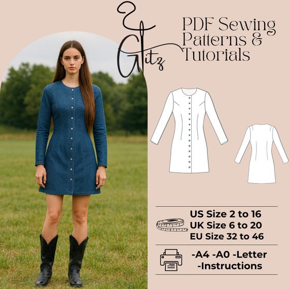denim shirt dress pattern A-line Sewing | Long Sleeve Woven Dress (PDF) including plus sizes US stylecode:D1749 Size:L/ US 10 shona joy luxe bias Brittany jones