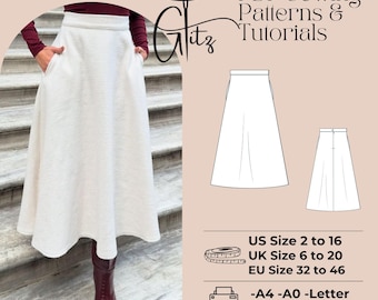 Patrón de costura para falda midi en forma de A, ideal para principiantes (tallas 2-30 de EE. UU.) (patrón en PDF)