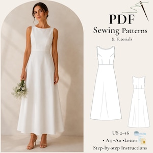 Puede incluir: Un vestido de novia blanco sin mangas, con cuello barco y falda en línea A. La imagen incluye a una mujer con un ramo e ilustraciones del patrón del vestido. El texto dice "PDF Sewing Patterns & Tutorials" y "US 2-16".