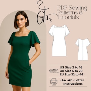 May include: A woman wearing a dark green dress with a square neckline and short, flared sleeves. The dress has a fitted silhouette and pockets. Text on the image reads "PDF Sewing Patterns & Tutorials" and size information for US, UK, and EU sizes.