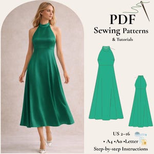 May include: A green halter-neck dress with a flowing skirt. The image includes a diagram of the dress and text that reads "PDF Sewing Patterns & Tutorials" and "US 2-16". Step-by-step instructions are also mentioned.