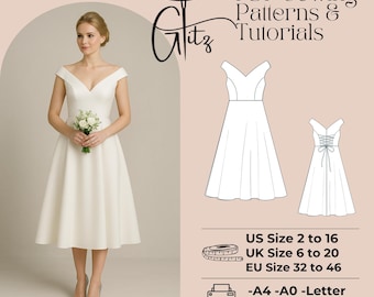 Puede incluir: Un vestido de novia blanco de hombros descubiertos con un corpiño ajustado y una falda completa. El vestido se muestra en una modelo e incluye un dibujo de línea del vestido con una espalda con cordones. El texto "PDF Sewing Patterns & Tutorials" se muestra sobre el vestido. El texto "US Size 2 to 16, UK Size 6 to 20, EU Size 32 to 46" se muestra debajo del vestido. El texto "-A4-A0-Letter -Instructions" se muestra debajo de la información de tamaño.