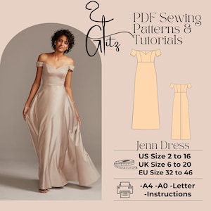 Könnte beinhalten: Ein digitales Schnittmuster für ein Kleid namens Jenn Dress. Das Schnittmuster enthält Anweisungen und ist in den Größen US 2 bis 16, UK 6 bis 20 und EU 32 bis 46 erhältlich. Das Schnittmuster kann auf Papier im Format A4, A0 oder Letter gedruckt werden.
