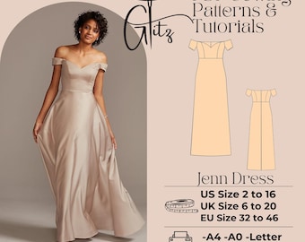 Patrón de costura para vestido de satén con hombros descubiertos - Vestido de corte A con escote corazón (Patrón PDF)
