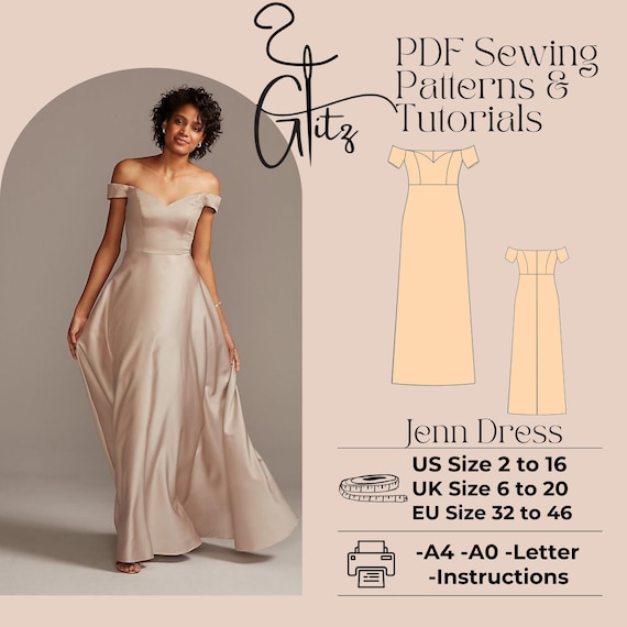 Robe trapèze longue en satin à épaules dénudées et décolleté en coeur - Robe de soirée et robe de cocktail Patron de couture numérique PDF Patron