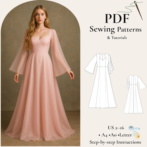 Sweetheart Neck Maxi Dress Sewing Pattern, Boho Long Sleeve Dress Pattern,  Flared Sleeve Gown PDF, Princess Seam Dress, XS-5XL - Etsy