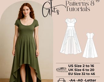 Hi-Low Cottagecore Dress Sewing Pattern, Short Sleeve (PDF Pattern)