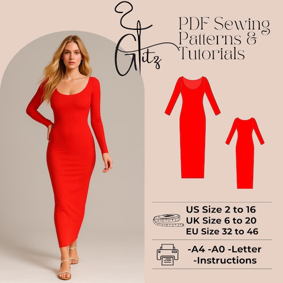 Long Sleeve Bodycon Maxi Dress Sewing Pattern (PDF) - Etsy