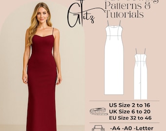 Patrón de costura para vestido largo con tirantes y escote pronunciado, elegante vestido de cóctel de noche (patrón PDF)