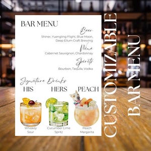 Eleganckie oznakowanie baru weselnego z charakterystycznymi koktajlami | Menu drinków do personalizacji | Idealne na Twój wyjątkowy dzień