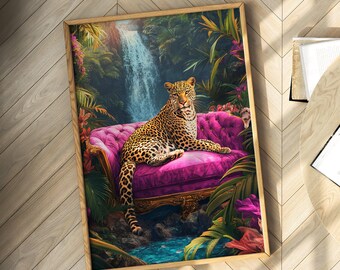 Leopard på rosa soffa-poster, maximalistiskt djurtryck